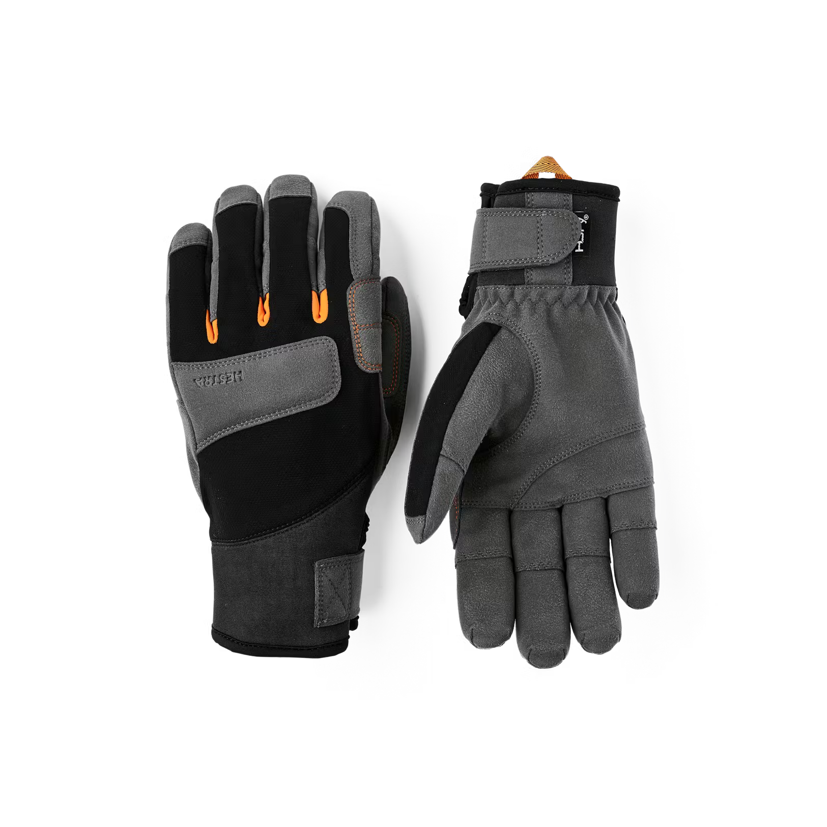 Pair of black and gray gloves with orange accents on a white background