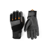 Pair of black and gray gloves with orange accents on a white background